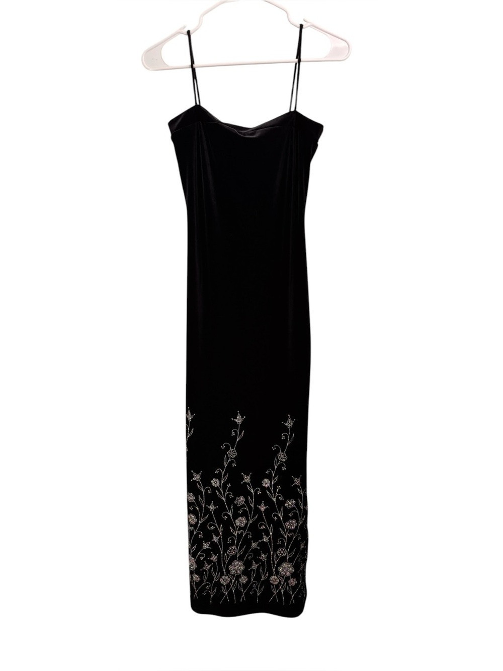 Vintage Black Velour Maxi Dress Slip Dress Glitter Floral Long Side Slit Size S